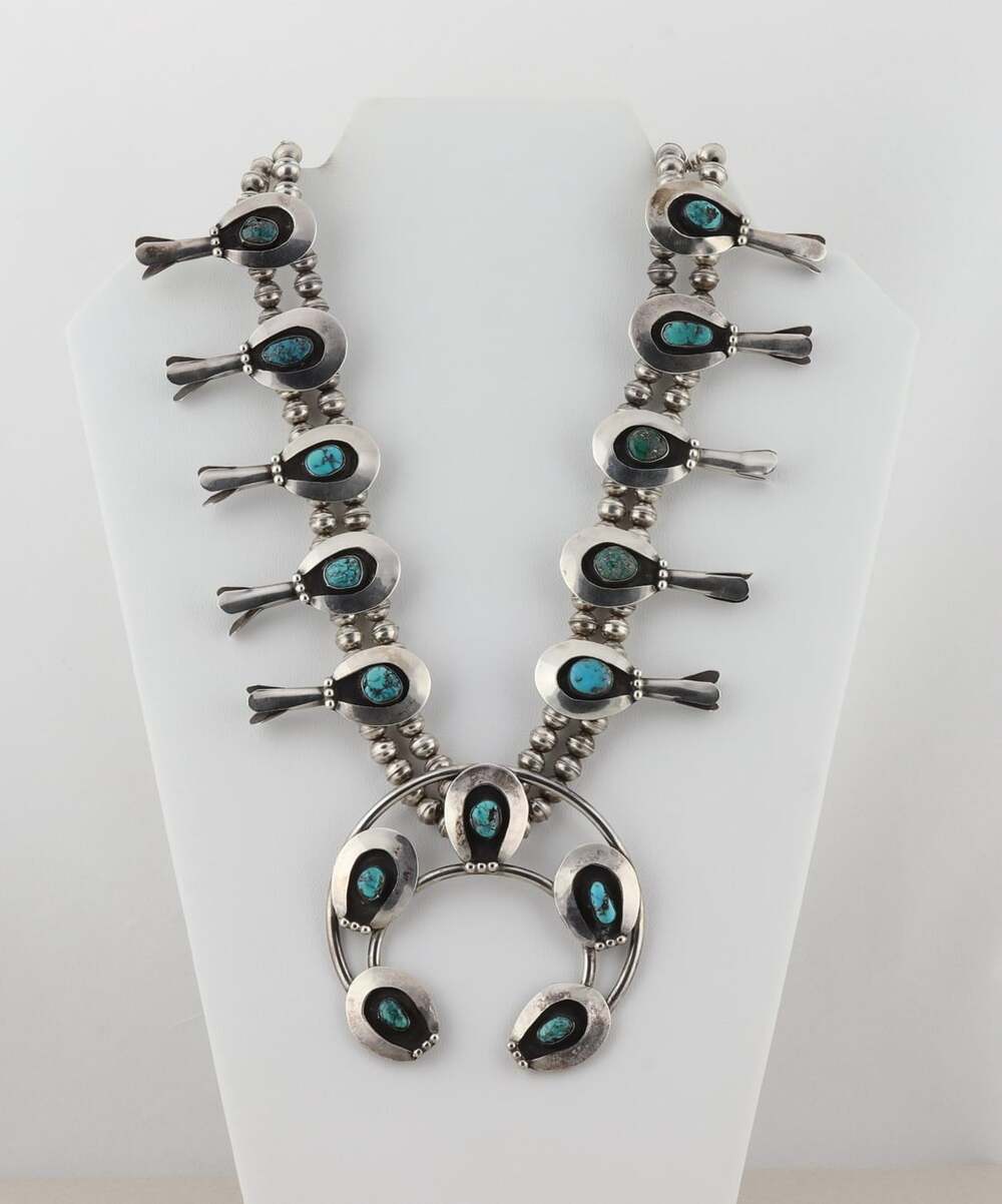 Sterling Silver Natural Turquoise Squash Blossom Necklace 23" inch